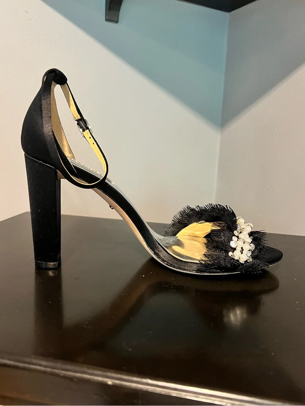 Badgley Mischka Fleur Pearl-Trim Fringe Sandals